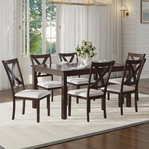AMERLIFE 7-Piece Farmhouse Dining Table Set for 6, 60'' Table and 6 Chairs