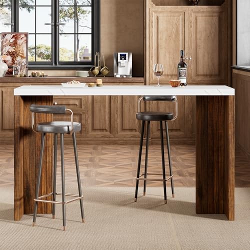 Bar Table for 4-6 People - 55” Long Counter Height Pub with Extra Thickened Tabletop, Modern Rectangular Home Bar Coffee Unit for Kitchen, Dining Room, Balcony, Living Room, Basement, White+Walnut