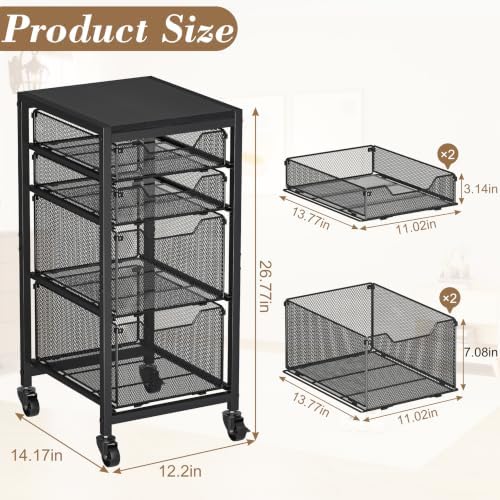 Rolling Storage Cart with Drawers, Under Desk Storage with Wooden Tabletop & Lockable Wheels, 4-Tier Storage Drawers for Bathroom, Craft, Office, Black