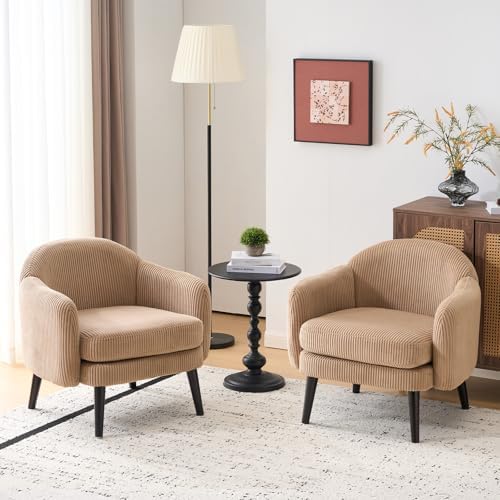 VINGLI 30.3" Wide Modern Barrel Accent Armchairs Set of 2 with Track Armrest, Solid Wooden Legs, Comfy Upholstered Club Chairs, Single Home Sofa for Living Room, Bedroom, Reading Room, Corduroy Khaki