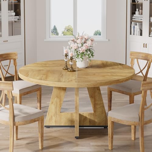 Tribesigns 47 inch Round Dining Table Wood Kitchen Table for Dining Room, 47" Dinner Room Tables for 4-6, Farmhouse Accent Furniture with Wooden Tabletop and Cross Base, Light Wood