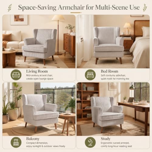 VINGLI 26" Wingback Accent Chair, Corduroy Armchair for Bedroom Living Room