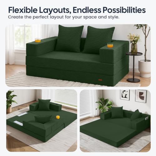 COMAX Boneless Futon Sofa Bed, 59" Small Low-Profile Floor Couch, Green