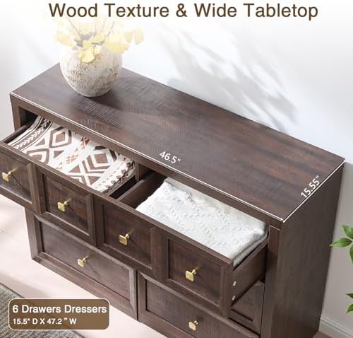 3 Piece Bedroom Set - Includes 6 Drawer Dresser and 3 Drawer King Size Nightstands Set of 2 with Charging Station, 3 Piece Farmhouse Dresser and Nightstand Sets,Brown