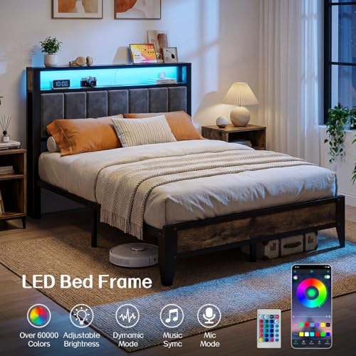 OLEVS Full Size Bed Frame with Headboard, LED Light & Charging Station