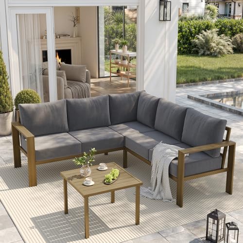 UDPATIO 6-Piece Faux Wood Metal Outdoor Sectional Sofa, 6" Thick Cushion