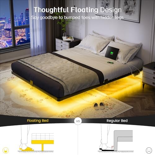 OLEVS Floating Bed Frame Full Size Metal with LED Light & Charging Station