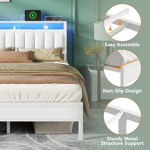 Furnulem White Queen Bed Frame with PU Upholstered Headboard & LED Lights