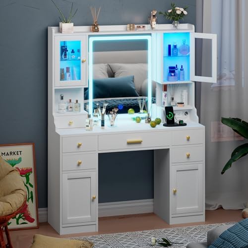CSZZD White Makeup Vanity Desk with LED Mirror & RGB Cabinets | Vanity Table with Charging Station and 6 Storage Drawers, Adjustable 3 Mode Mirror Lights, Bedroom Dressing Table for Women