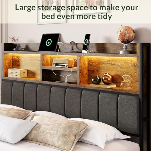 LARMACE Queen Bed Frame with 6 Storage Drawers, Bed Frame Queen Size with Linen Upholstered Headboard, Built in Charging Station and LED, No Noise, Metal Support, No Box Spring Needed,Vintage Black