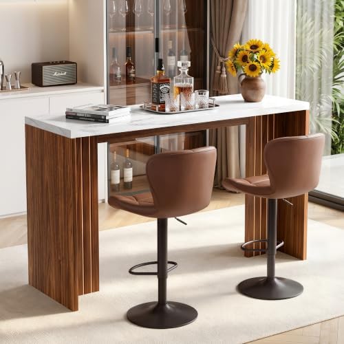 Miereirl 55" Bar Table, Marble Bar Height Table, 36.4" High Pub Table with Thick Tabletop, Narrow Entryway Table Sofa Table, Counter Height Dining Table for Living Room, Kitchen(White and Walnut