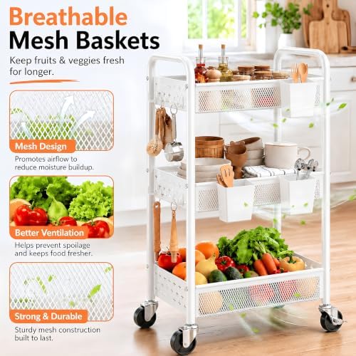 3 Tier Rolling Storage Cart Organizer, Metal Rolling Utility Carts on Wheels, White Art Cart with Hanging Cups and Hooks, Three Tiered Roller Trolley for Cleaning Supplies, Diaper Caddy, Craft, Nail
