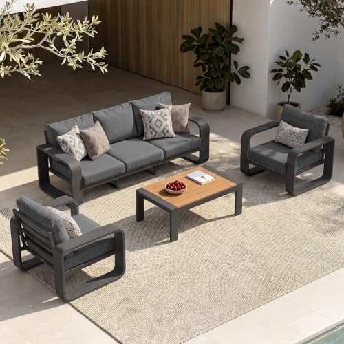 Oversized Aluminum Outdoor Furniture Set, Extra Large Patio Furniture Sofa Set 4.8” Widened Armrest & Ultra-Thick Cushions, 4 Pcs Modern Patio Sectional for Backyard, Porch, Graphite