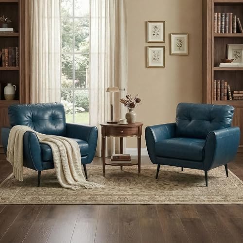 Blue Faux Leather Accent Chairs Set of 2, Tufted Arm Chairs for Living Room