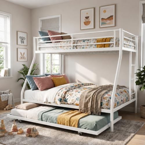 Nuturelly Twin Over Full Bunk Bed with Trundle, 400 lbs Capacity, White
