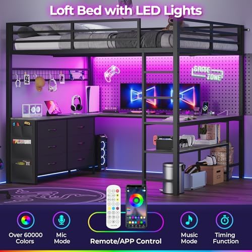 ADORNEVE Loft Bed Full Size with U-Shaped Desk, 6 Storage Drawers, Grey