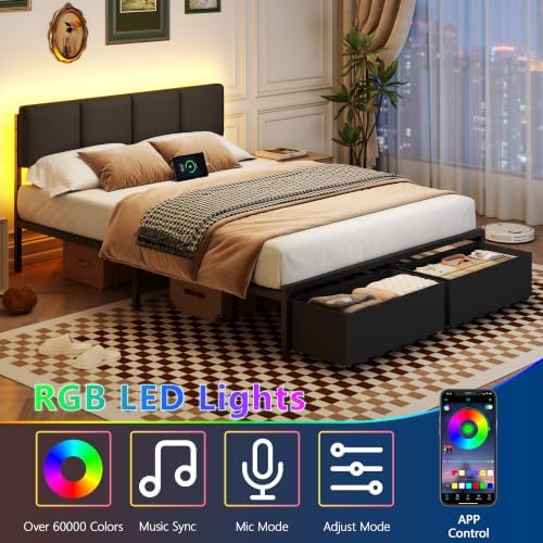 Furnulem Queen Bed Frame with Upholstered Headboard and 2 Storage Drawers