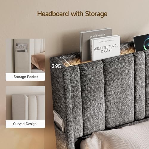 ONBRILL King Size Headboard with Storage, LED Light, Grey