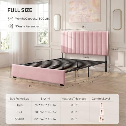 Welzona Full Size Velvet Upholstered Bed Frame with Tufted Headboard, Pink
