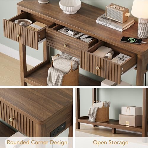 Decofy 47'' Fluted Console Table with Charging Station & 3 Drawers, Walnut