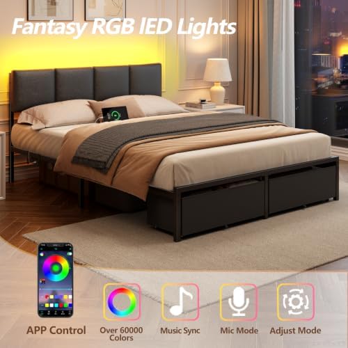 Furnulem Queen Bed Frame with PU Upholstered Headboard and Charging Station