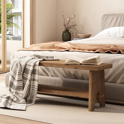 HOKYHOKY Wood Entryway Bench - 43.3" Farmhouse Long Storage Bench, Indoor