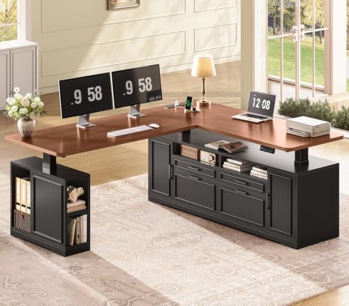SEDETA Farmhouse L Shaped Executive Electric Standing Desk with 4 Drawers