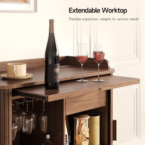 ONBRILL Fluted Bar Cabinet with Storgae, Wine Cabinet, 33" H, Walnut