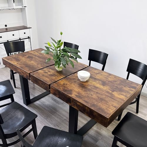 63" - 79" Extendable Dining Room Table, Expandable Kitchen Table for 6 to 10 People, Modern Wood Conference Table, Large Farmhouse Dining Table(Rustic Brown & Black, Double-U Base)