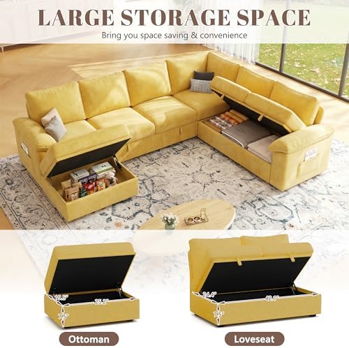 106'' Modular Sectional Sofa with Pull Out Bed, Sleeper Sofa, Yellow