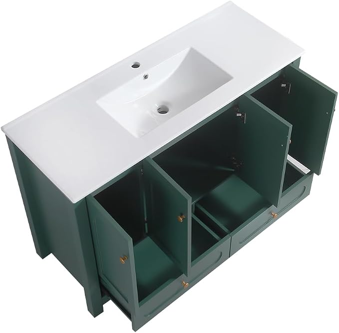 LUMISOL 48" Bathroom Vanity with Sink, Modern Single Sink Bathroom Vanity with 4 Doors & 2 Drawers, Freestanding Bathroom Storage Cabinet with Ceramic Basin, Solid Wood Frame, Green