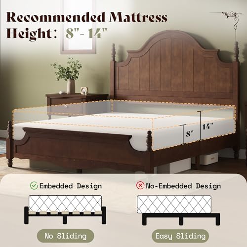 AMERLIFE Queen Solid Wood Poster Bed with Arched Headboard, Dark Walnut