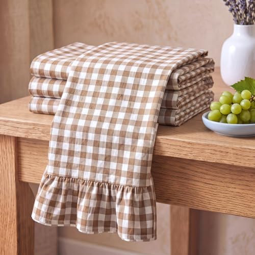 HunnmingRe 4 Pcs Taupe Gingham Kitchen Towels Cotton Ruffled