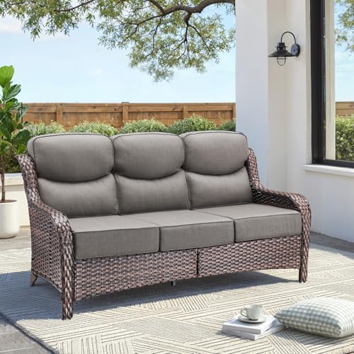 Luxury Outdoor Patio Furniture Set-Wicker High Backrest 3-Seat Patio Sofa with Comfy 6" Cushion, Rattan Couch with Deep Seat All-Weather Patio Conversation Set for Deck Backyard Garden(Brown/Grey)