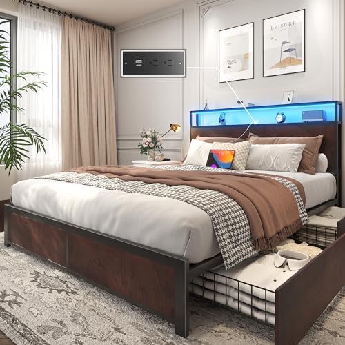 Lifezone Queen Bed Frame with 2-Tier Storage Headboard, Metal Platform Bed Frame with 4 Storage Drawers, Built in Charging Station & LED, Noise-Free/Metal Support/No Box Spring Needed, Coffee Brown