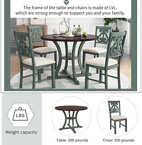 LUMISOL 5-Piece Dining Table Set for 4, Farmhouse Round Kitchen Table Set with Special Shaped Legs and 4 Upholstered Chairs for Kitchen, Dining Room, Small Space, Antique Blue