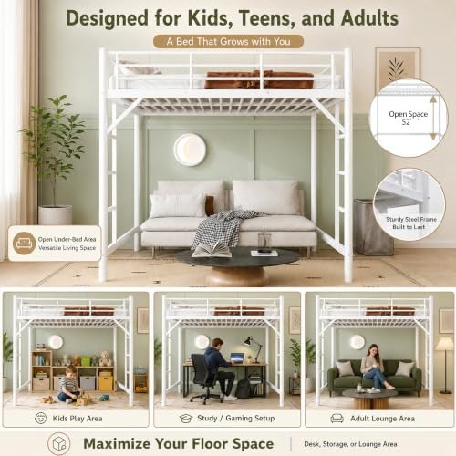 Bellemave Twin Loft Bed, Metal Round Pipe, Dual Ladders, Save Space, White
