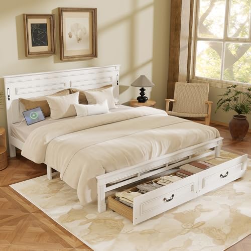 King Bed Frame with 46" Tall Headboard, Farmhouse Solid Wood King Size Platform Bed with 2 Storage Drawers,LED Lights & USB Charging Station,No Box Spring Needed, White