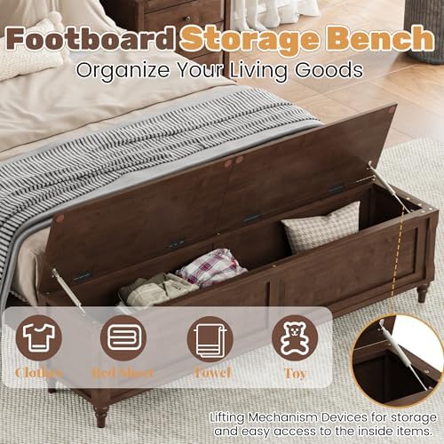 Queen Bed Frame with 53" Tall Headboard and Storage Bench, Solid Wood Queen Size Platform Bed with 64" Footboard Storage Chest,Heavy Duty Slats System,No Box Spring Needed, Wanlut