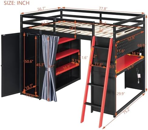 Merax Full Size Loft Bed with Desk and 6 Storage Shelves, Wardrobe, Blackout Curtain, Solid Wood Gaming Loft Bed Frame with USB Port & RGB Lights, No Box Spring Needed, Space-Saving, Black+Red