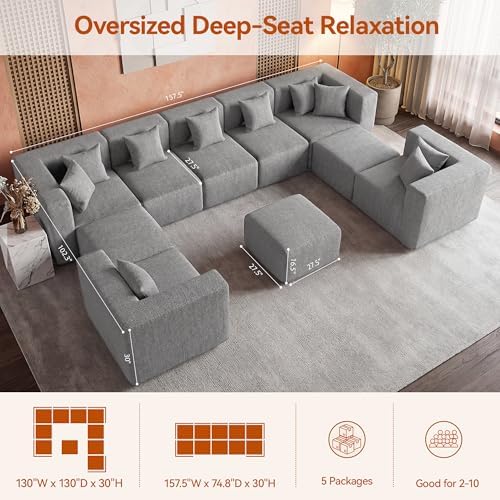 MONVANE Modular Sectional Sofa, Oversized 10 Seat Convertible U Shaped Couch with Ottoman, Comfy Chenille Deep Seat Cloud Couch, Sectional Couches for Living Room, No Assembly Required, Light Grey
