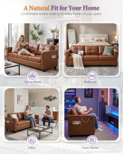 TYBOATLE 88'' Brown Faux Leather Couch with USB, 3-Seater Living Room Sofa