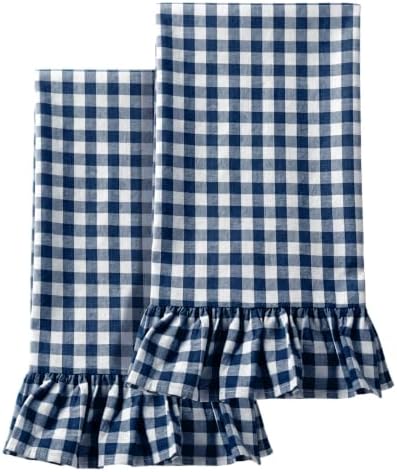 HunnmingRe 2 Pcs Navy Blue Gingham Kitchen Towels Cotton Ruffled