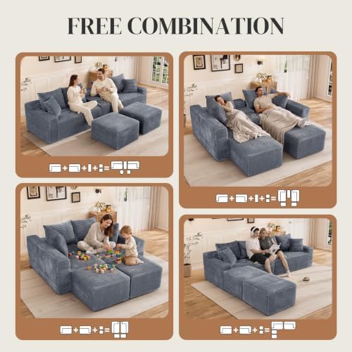 127" U Shaped Cloud Couch Modular Sectional Sofa, Comfy Fluffy Corduroy Grey Boneless Sectional Couches for Living Room, Modern Cloud Sofas with Cup Holders & USB Port, Grey