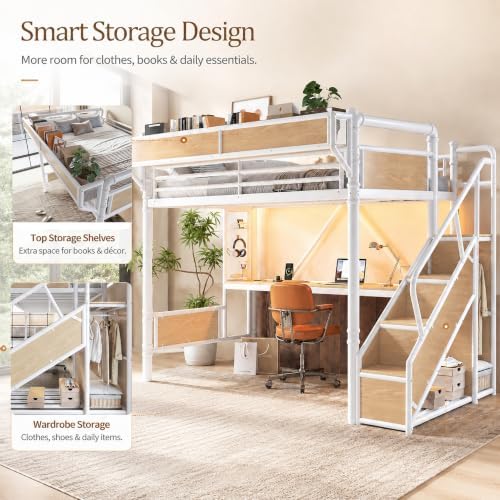 KEIKI Twin Size Metal Loft Bed Frame with Storage Staircase, Desk, White
