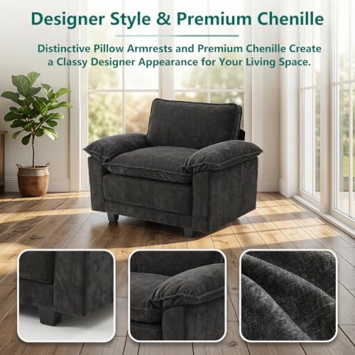 Modern Cloud Single Sofa, Comfy Chenille Couch for Living Room, Black