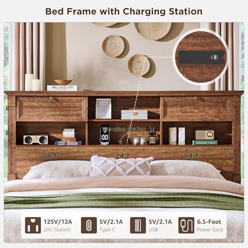 Farmhouse King Size Bed Frame with 54" Tall Headboard, Charging Station