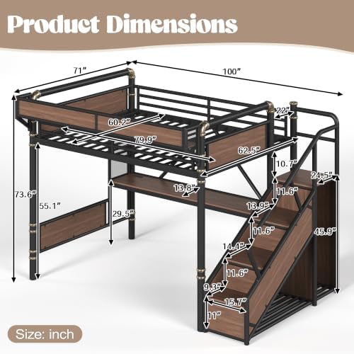 KEIKI Queen Size Metal Loft Bed Frame with Staircase & Built-in Desk & Wardrobe, Loft Bed with Pegboard & Mesh Storage Baskets & Slats, No Box Spring Required, Easy Assembly, for Bedroom, Black