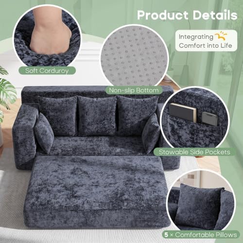 3 Seater Boneless Couch for Living Room, Convertible Sofa Bed in A Box, Folding Pull Out Couch with Comfy Corduroy, Loveseat Sleeper Floor Sofa with 5 Pillows, Velvet Fabric, Grey