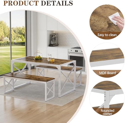 VECELO 55” Kitchen Dining Table Set for 4, Heavy-Duty Steel Frame & Wood-Grain Tabletop, Space-Saving Dinette Sets with 2 Benches for Breakfast Nook and Small Space, Drak Brown